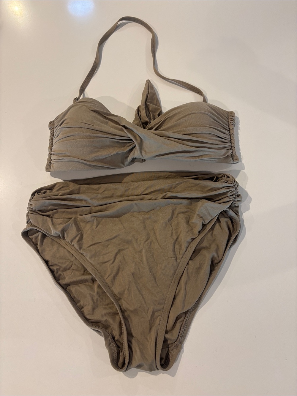 Carmen Marc Valvo Twist Front High Waist Bikini Set in Tan/Nude Size Small